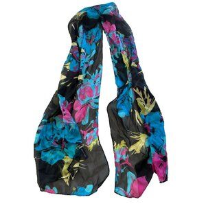 Ann Taylor 100% Silk Vibrant Black Blue Purple Floral Print Scarf Office Career